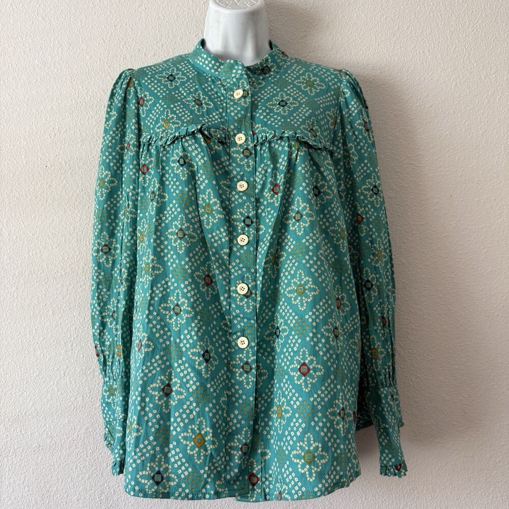 Andion Victorian Floral Peasant Top XL Teal Ruffle Long Sleeve Boho Blouse Spain